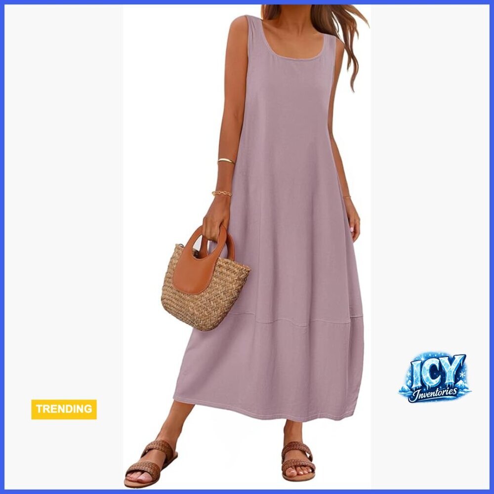 Cotton and Elastane Maxi Sundress Scoop Neck Sleeveless Beach Dress